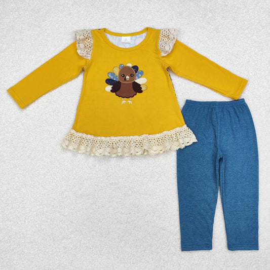 Girl thanksgiving day turkey embroidery pants set