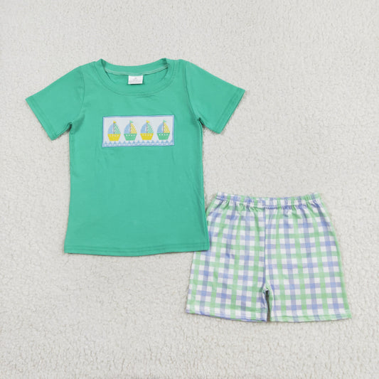 green sailboat embroidery plaid shorts set