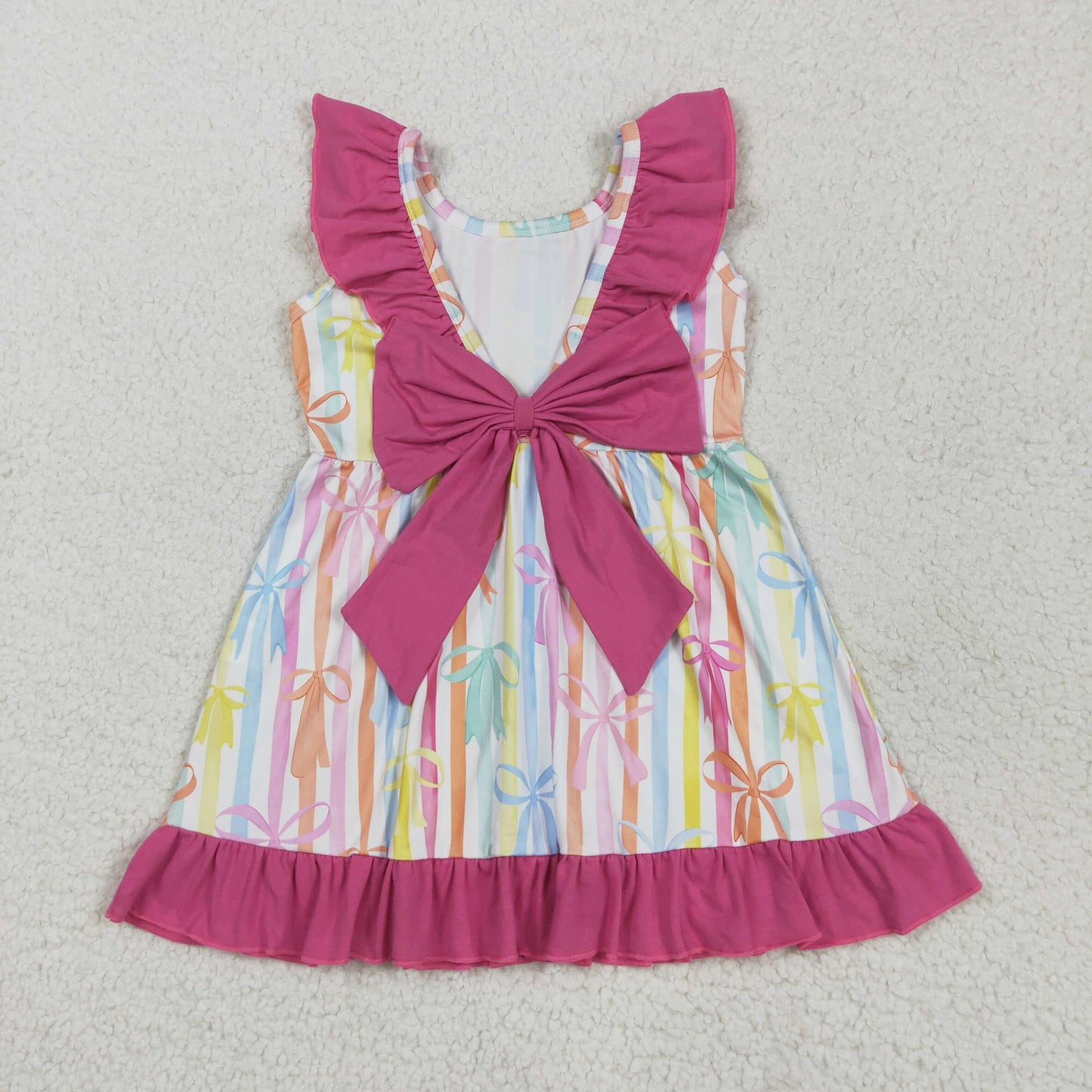 colorful stripes bow backless ruffle dress