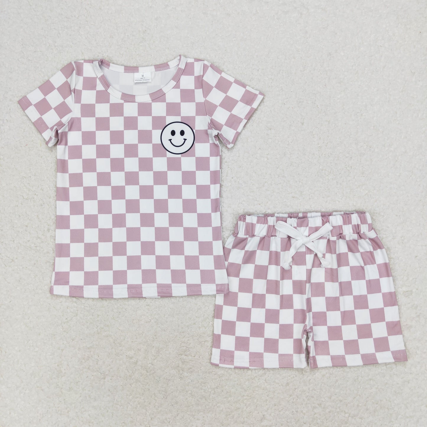 mushroom checkered shorts set with smiley print