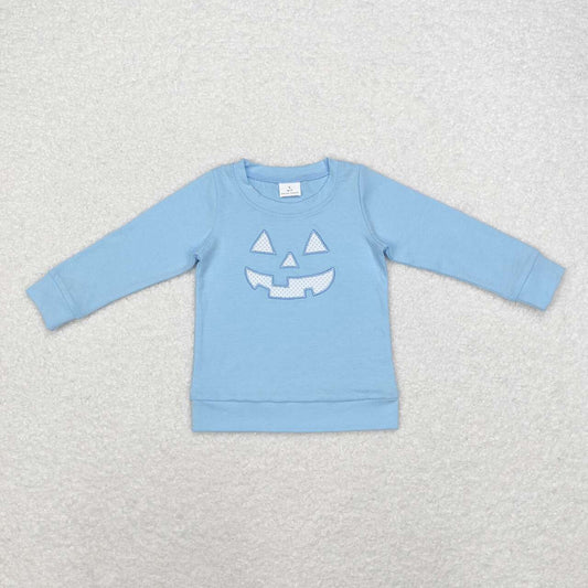 boy cotton blue long sleeve happy pumpkin face embroidery top