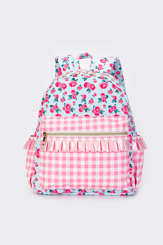pink floral plaid ruffle bag kids backpack
