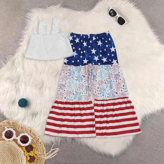White Crop Top Stars Firework Bell Pants Girls 4th of July Clothes Set
