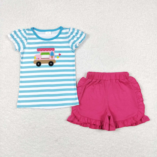 Ice cream parlor embroidery shorts set toddler girls clothing