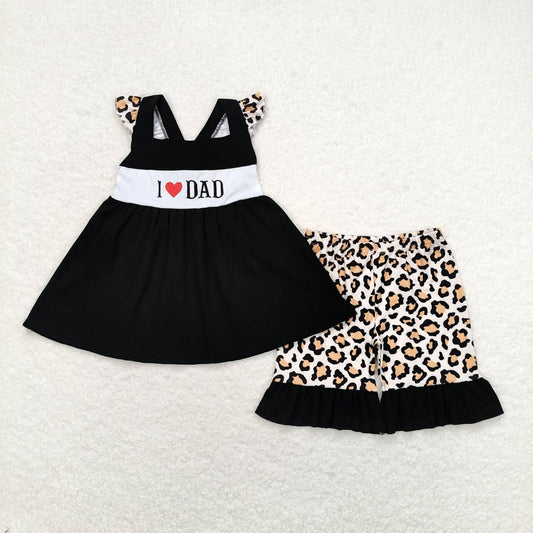 black i love daddy embroidery leopard shorts set