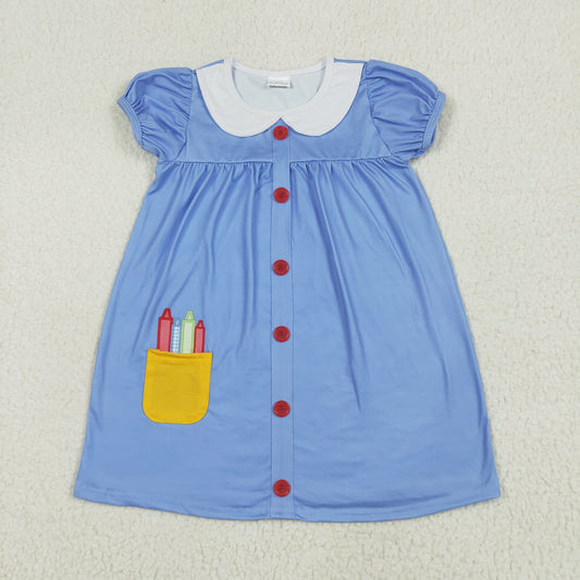 pencil print blue button back to school dress