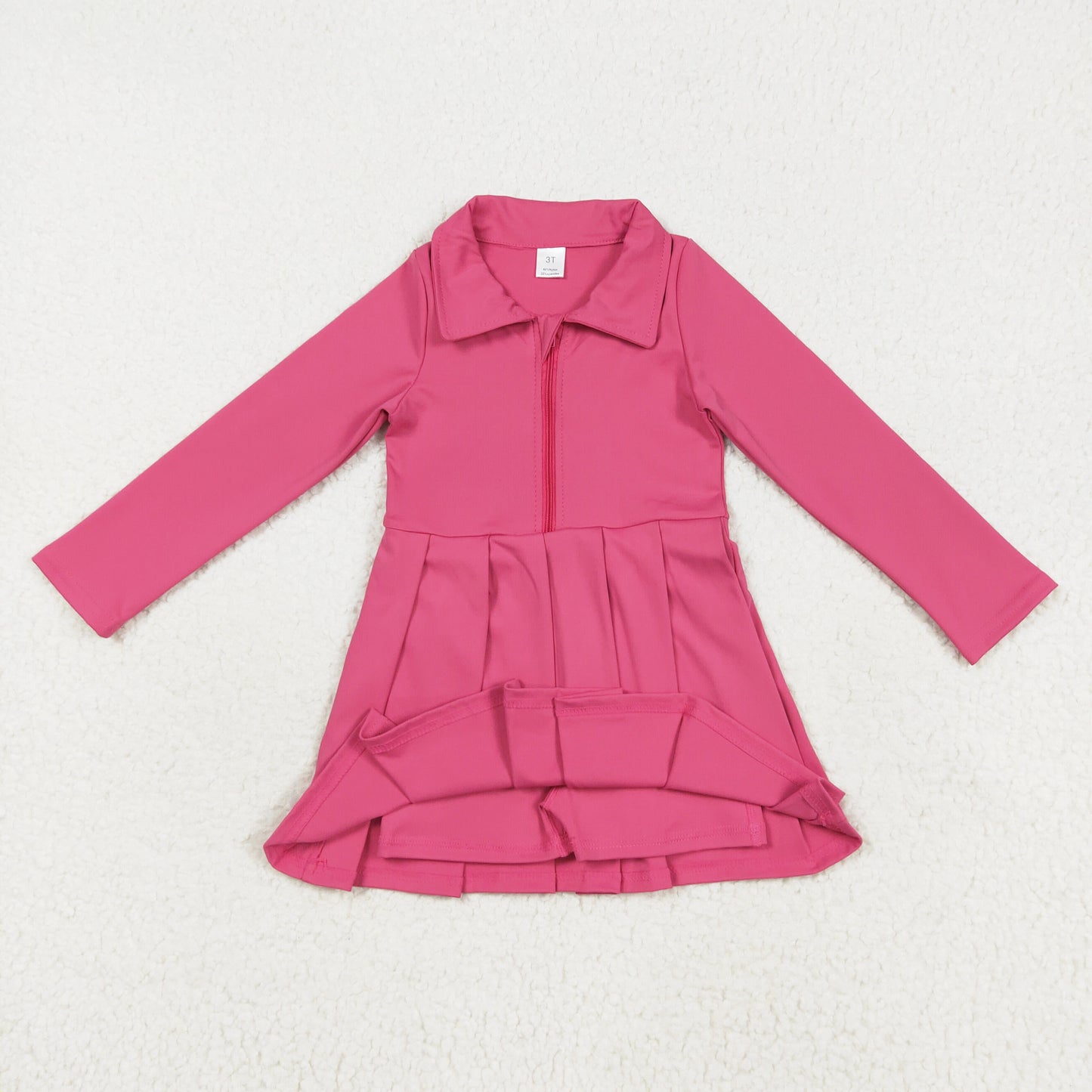 Long sleeves hot pink zipper pleated polo dress