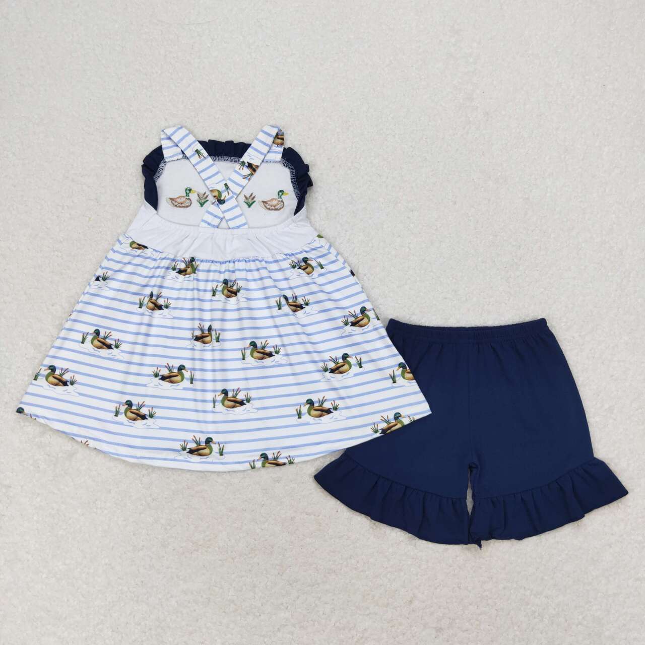 baby girl duck pattern embroidery shorts set navy