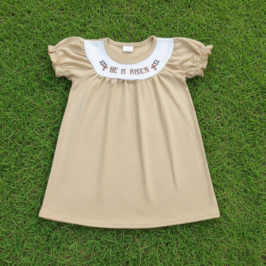 he is risen embroidery solid dress baby girl easter dresses