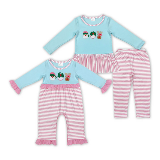 Santa Deer Embroidery Pink Stripes Sisters Christmas Matching Clothes