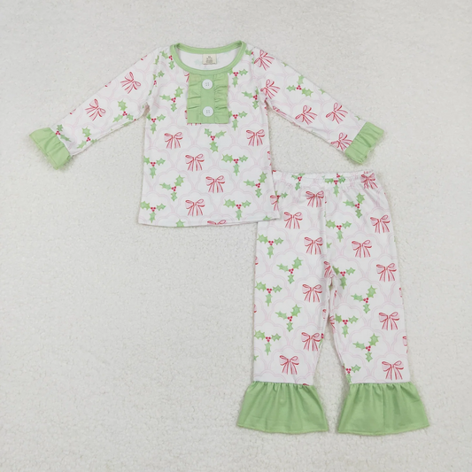 Pink Bows Holly Print Girls Christmas Bamboo Pajamas Set