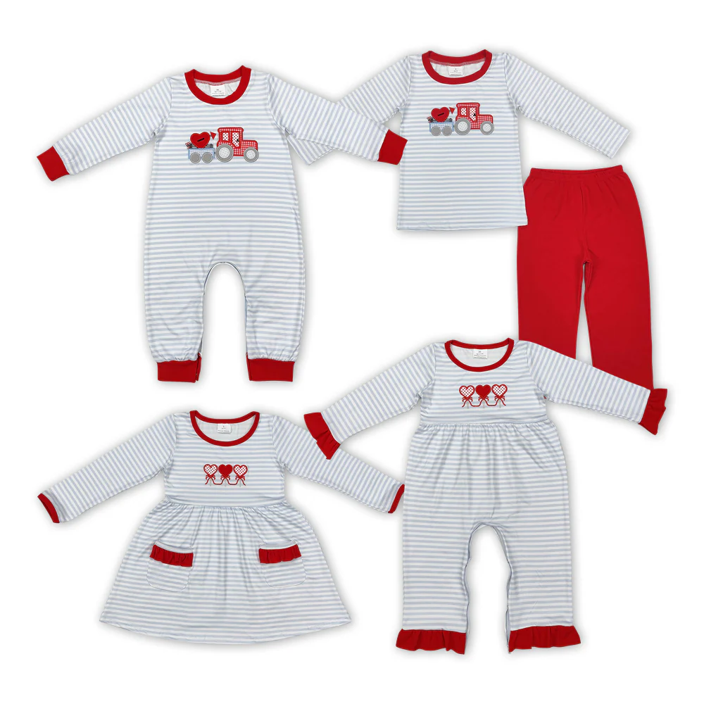 Heart Truck Embroidery Stripes Print Sibling Valentine's Day Matching Clothes