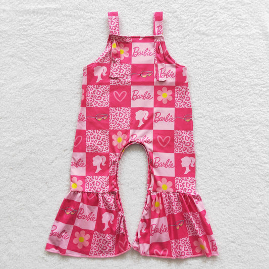 child girl hot pink checkered doll overall jumpsuit