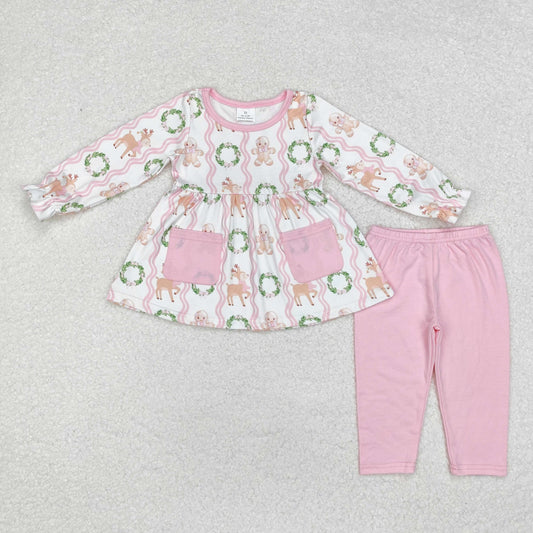 girl Christmas gingerbread deer print legging set pink