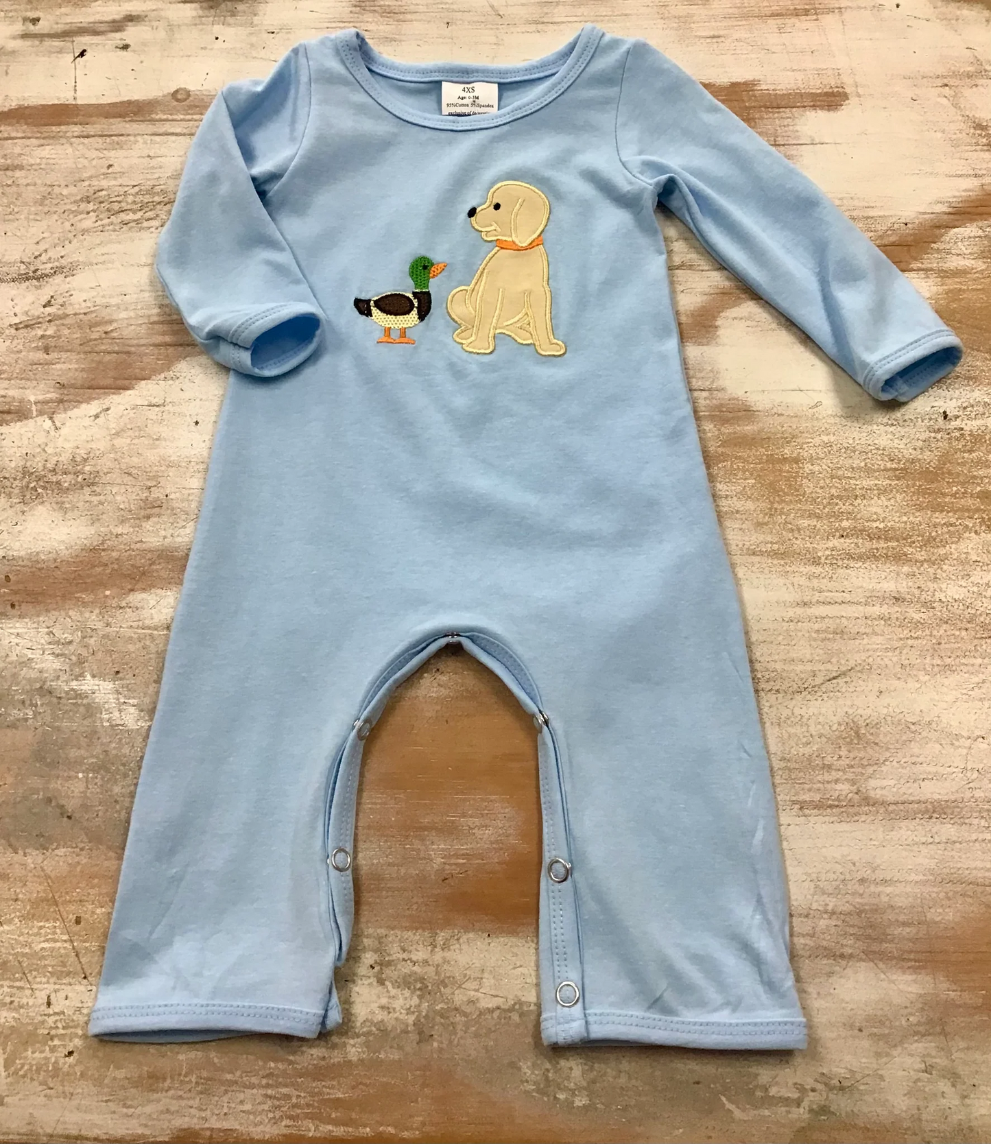 blue duck dog embroidery hunting romper