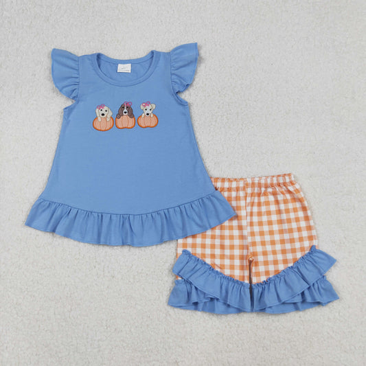puppy pumpkin embroidery girl shorts set