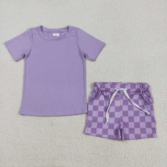 purple checkered boy shorts set