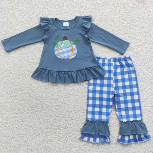 blue plaid pumpkin embroidery ruffle pants set girl fall outfit