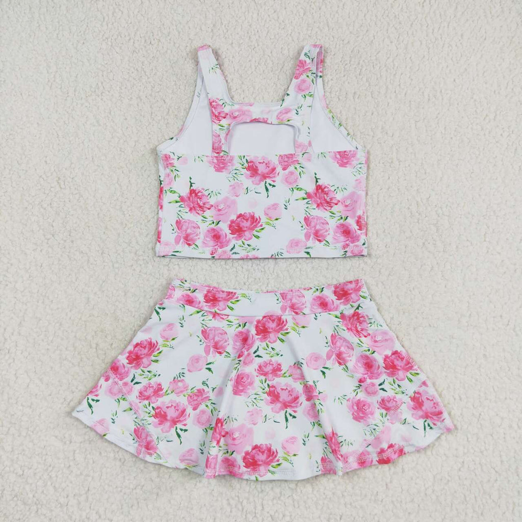Rosy Hot Pink Florals Girls Tankini & Skort Swim or Yoga Set