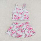 Rosy Hot Pink Florals Girls Tankini & Skort Swim or Yoga Set