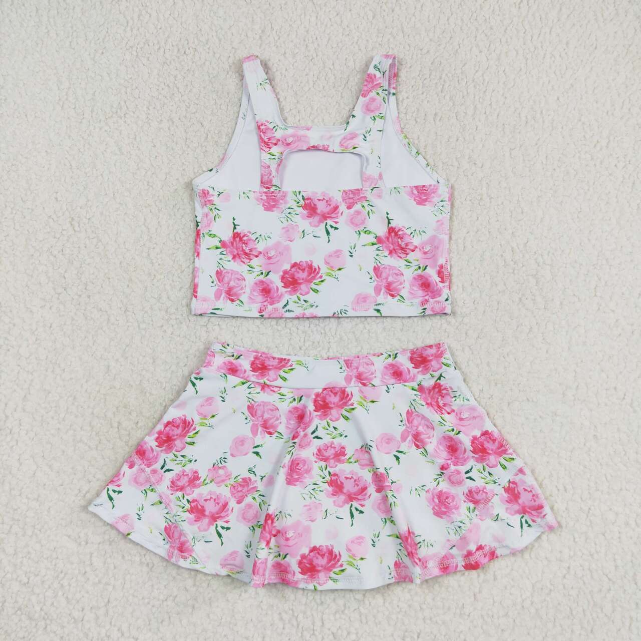 Rosy Hot Pink Florals Girls Tankini & Skort Swim or Yoga Set