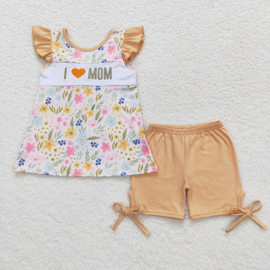 mother's day i love mom embroidery shorts set