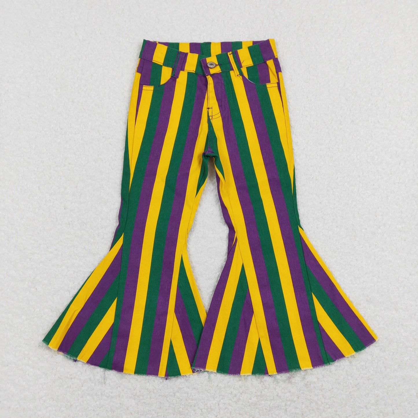 mardi gras pants, green purple yellow stripe denim pants, girls jeans,flare bottom