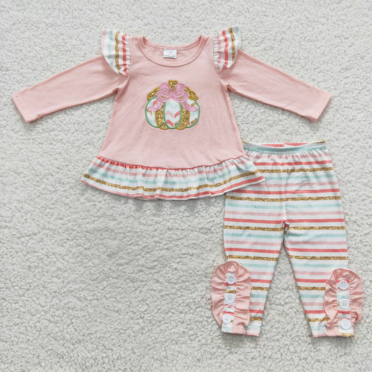pink pumpkin embroidery stripe legging set