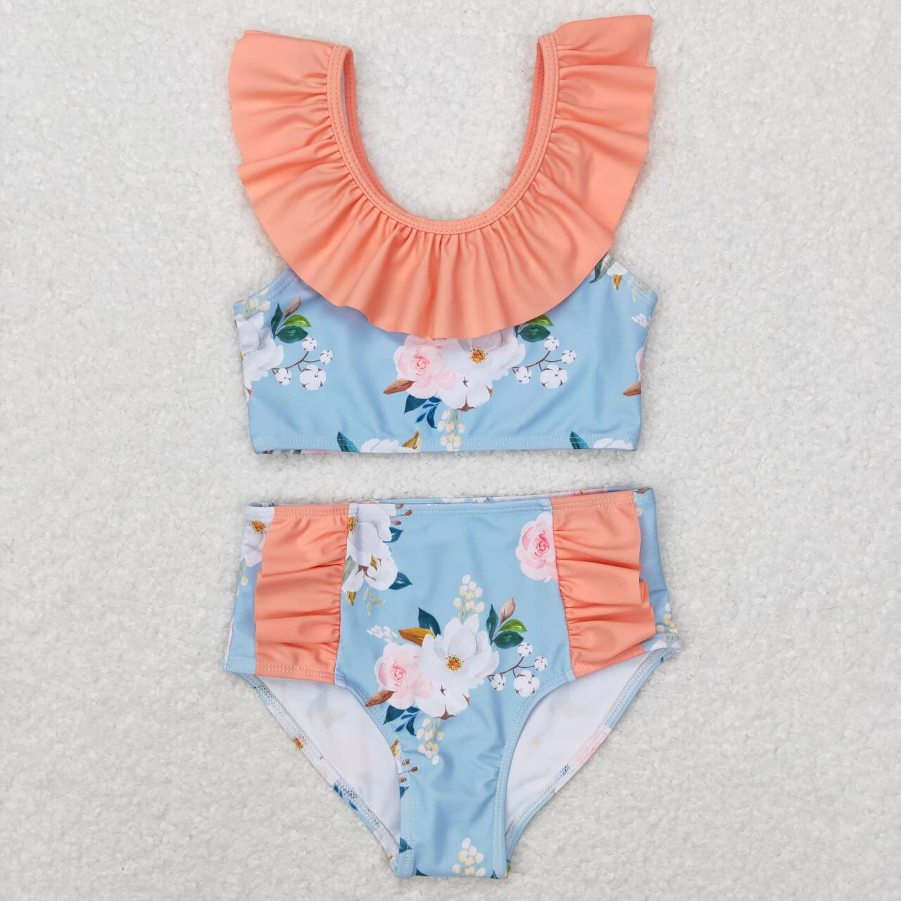 2pcs blue flower ruffle swimsuit girls summer clothing