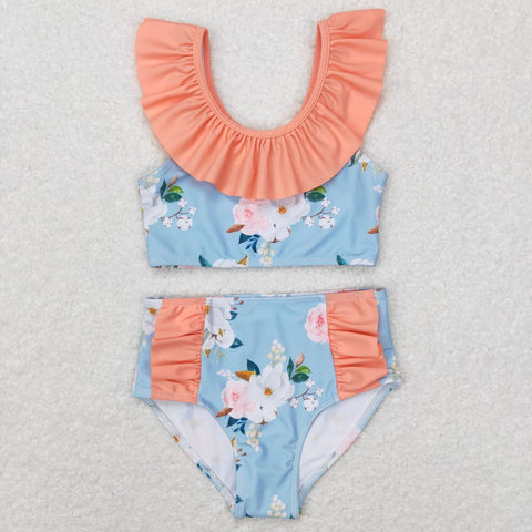 2pcs blue flower ruffle swimsuit girls summer clothing