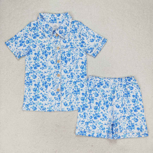 adult pajamas blue flower women summer pajamas set