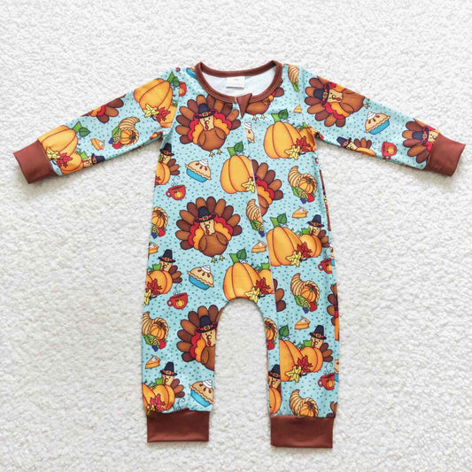 baby boy pumpkin turkey print zipper sleeper
