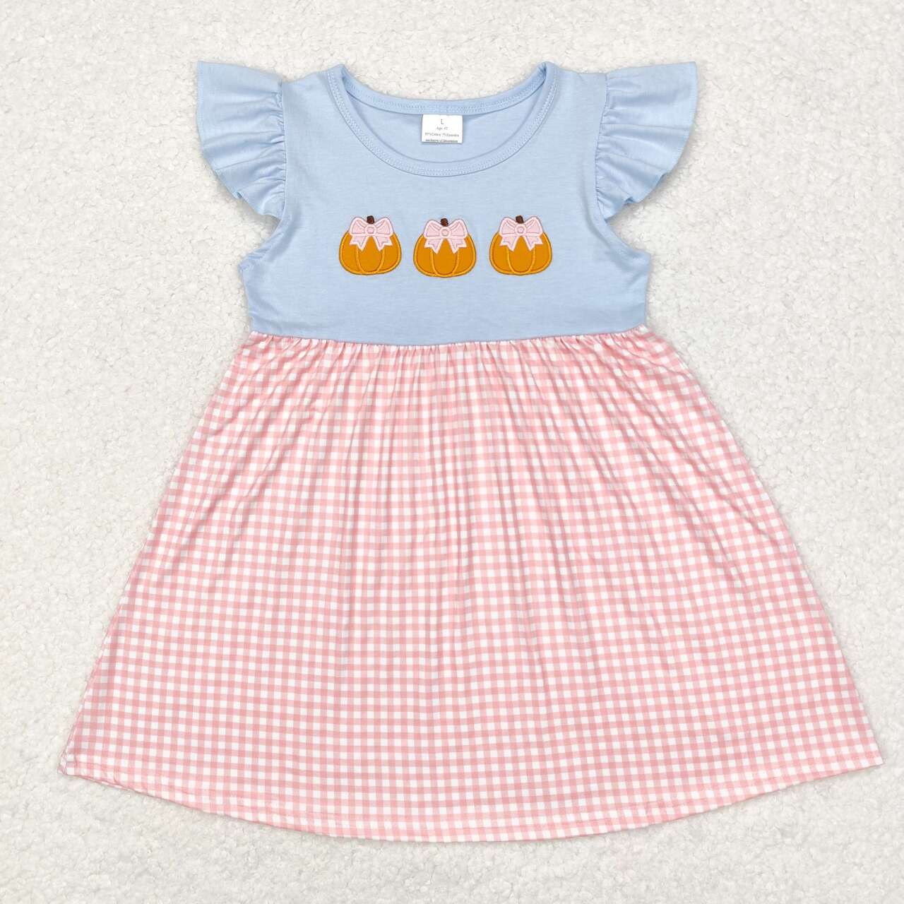 flutter blue pink gingham pumpkin embroidered dress