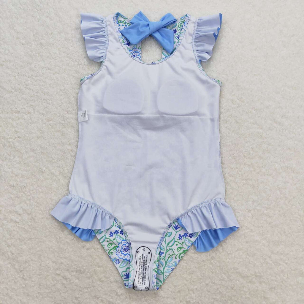 blue flower print girl one piece swimsuit