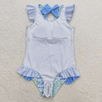 blue flower print girl one piece swimsuit