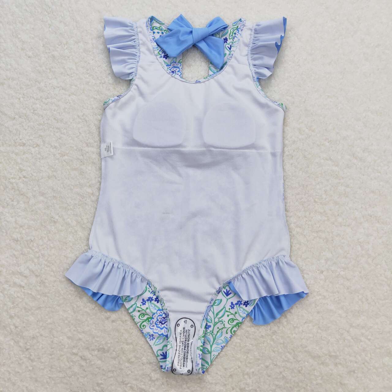 blue flower print girl one piece swimsuit