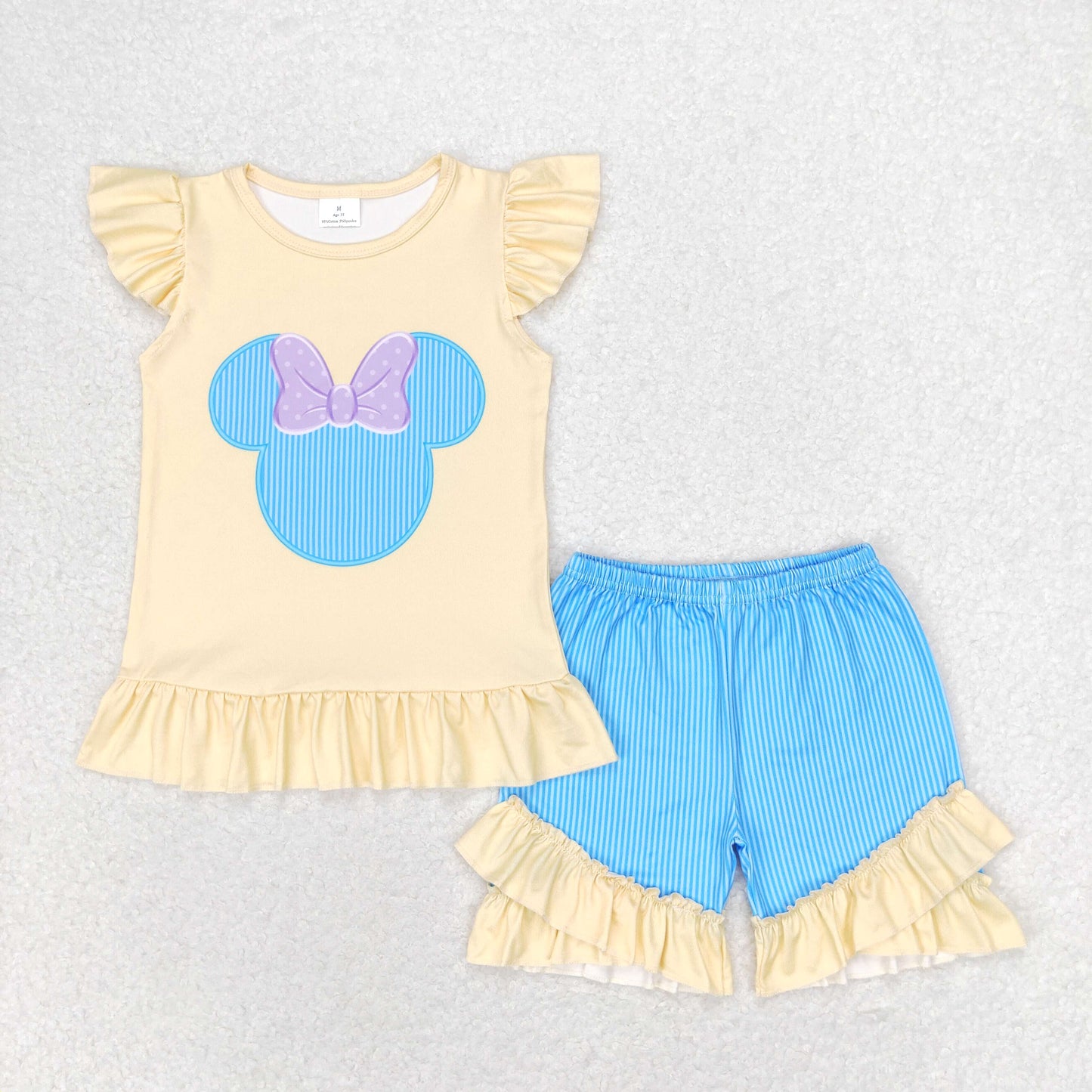 yellow blue color cartoon print ruffle shorts set girl