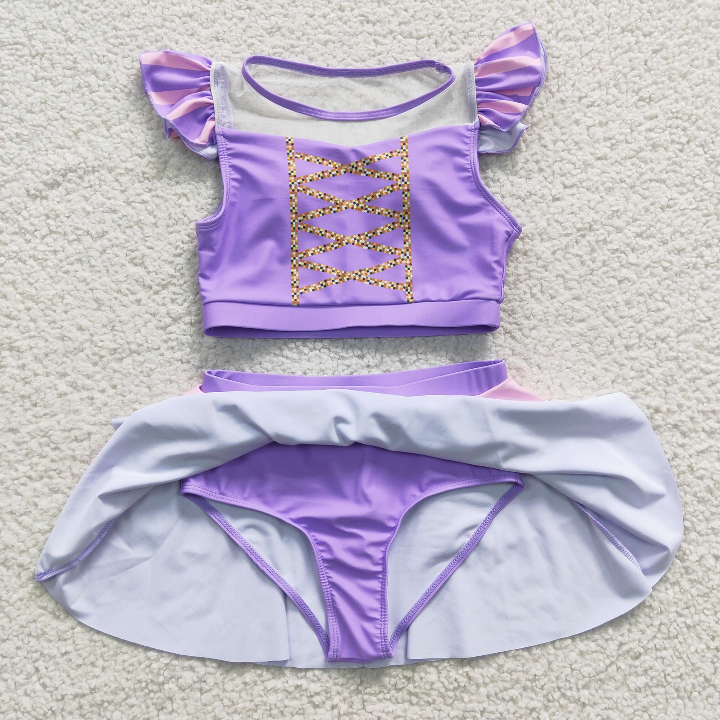 2pcs kids purple and pink princess swimsuit girl swim wear