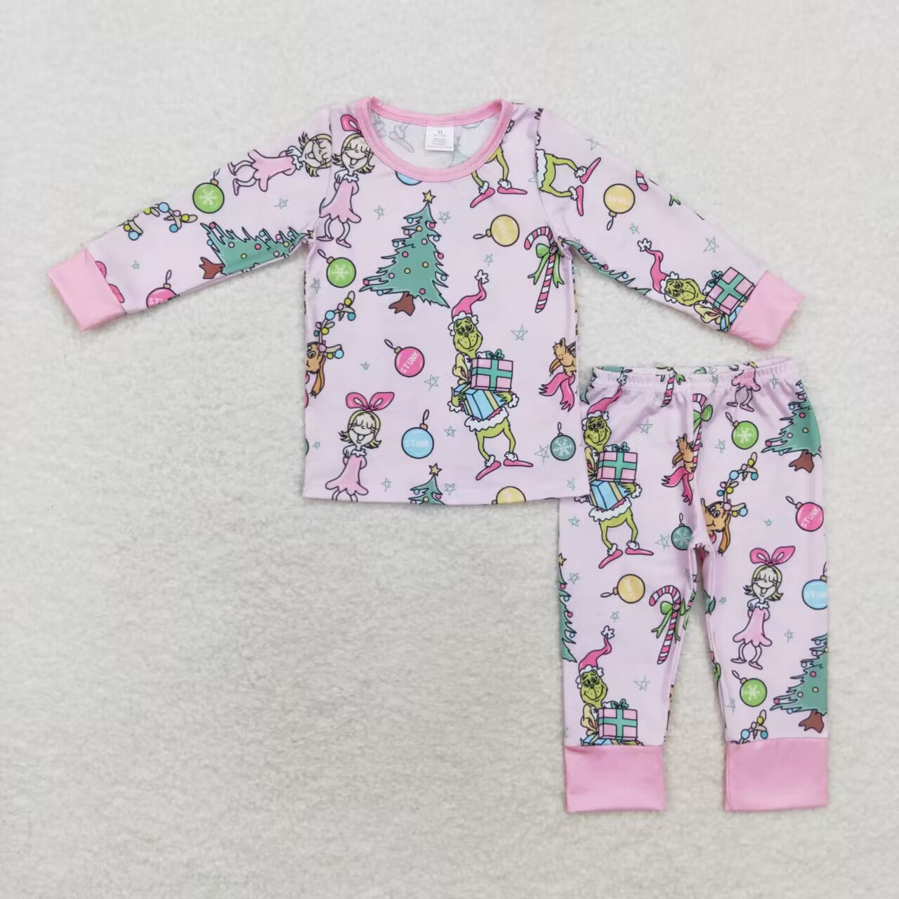 baby girl Christmas tree and grinchey bamboo pajama set pink