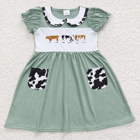 doll colar cow embroidery dress with pocket
