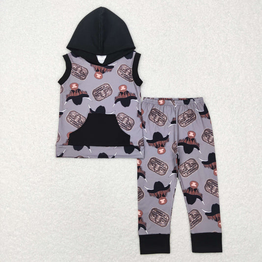toddler boy black gray cowboy sleeveless hoodie set