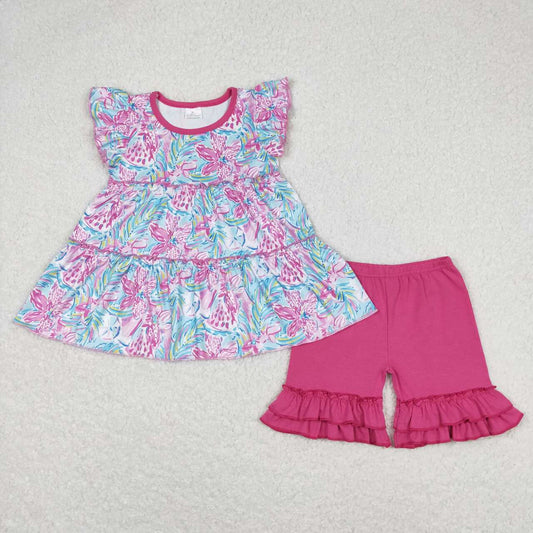 flower outfit, flutter sleeve tunic dress,solid hot pink ruffle shorts, girls clothing