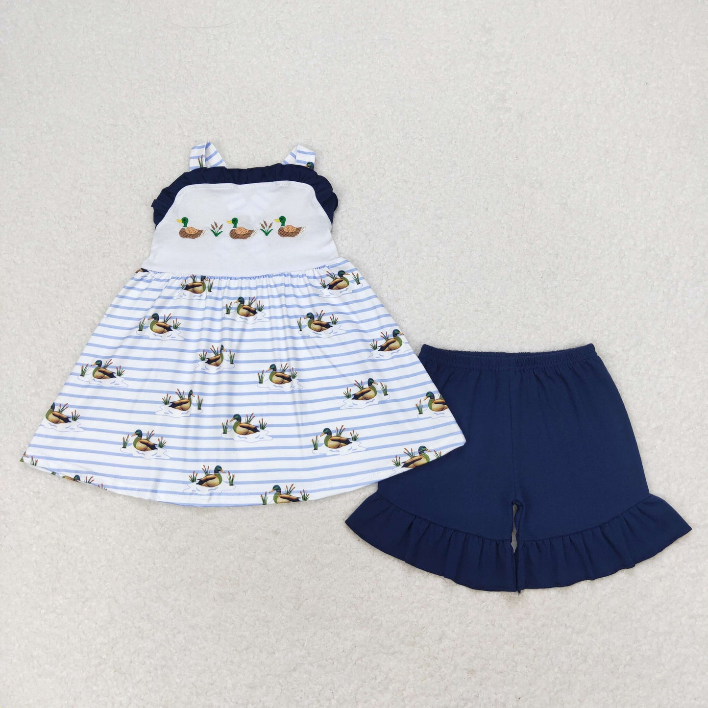 baby girl duck pattern embroidery shorts set navy