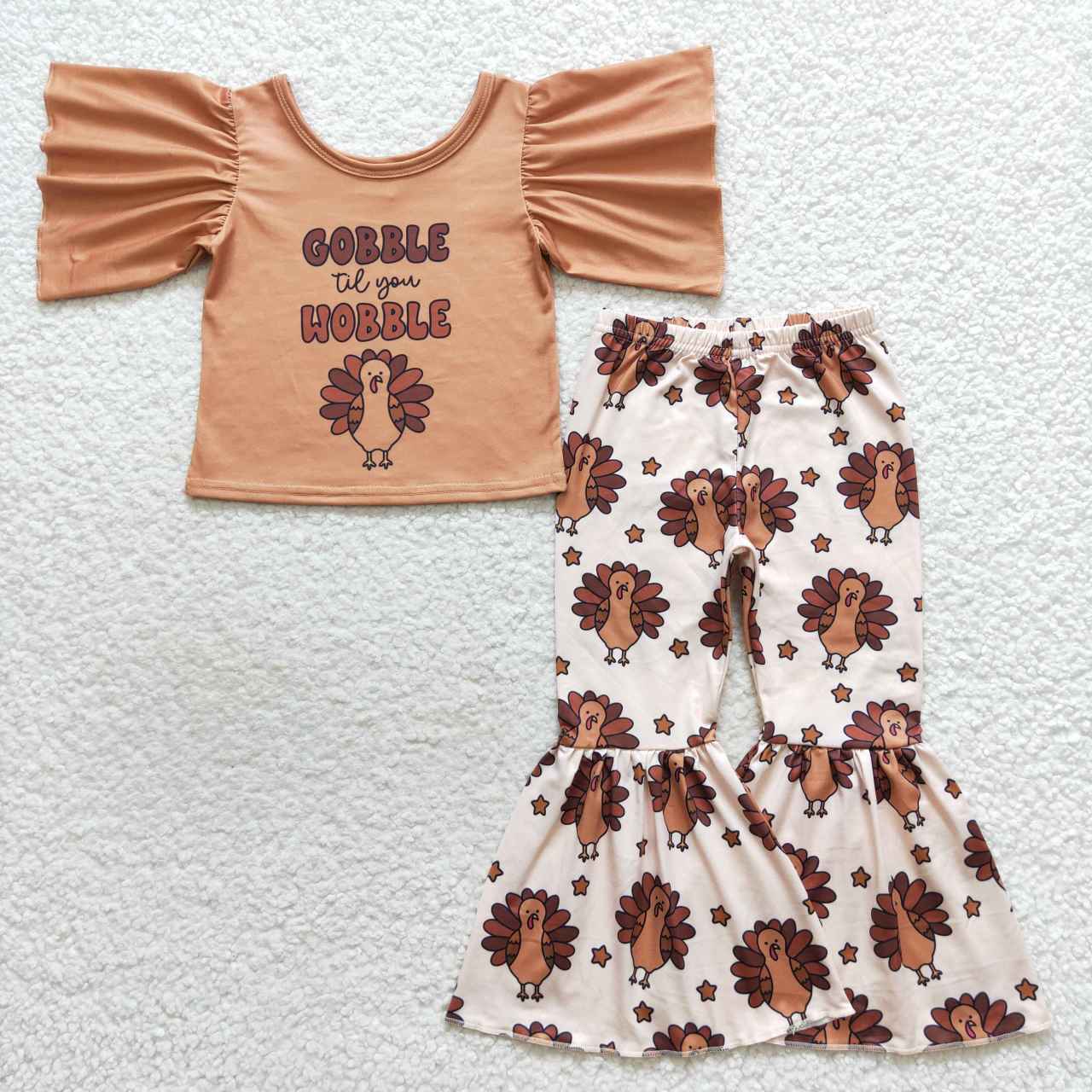 brown flare sleeve gobble till you wobble turkey print bells set