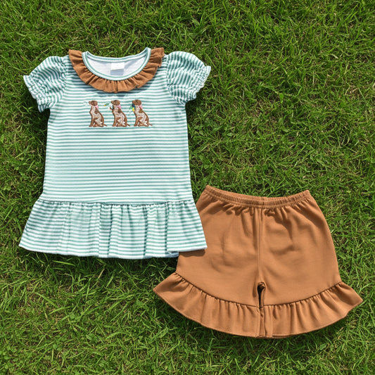 stripes hunting dog embroidery girl shorts set