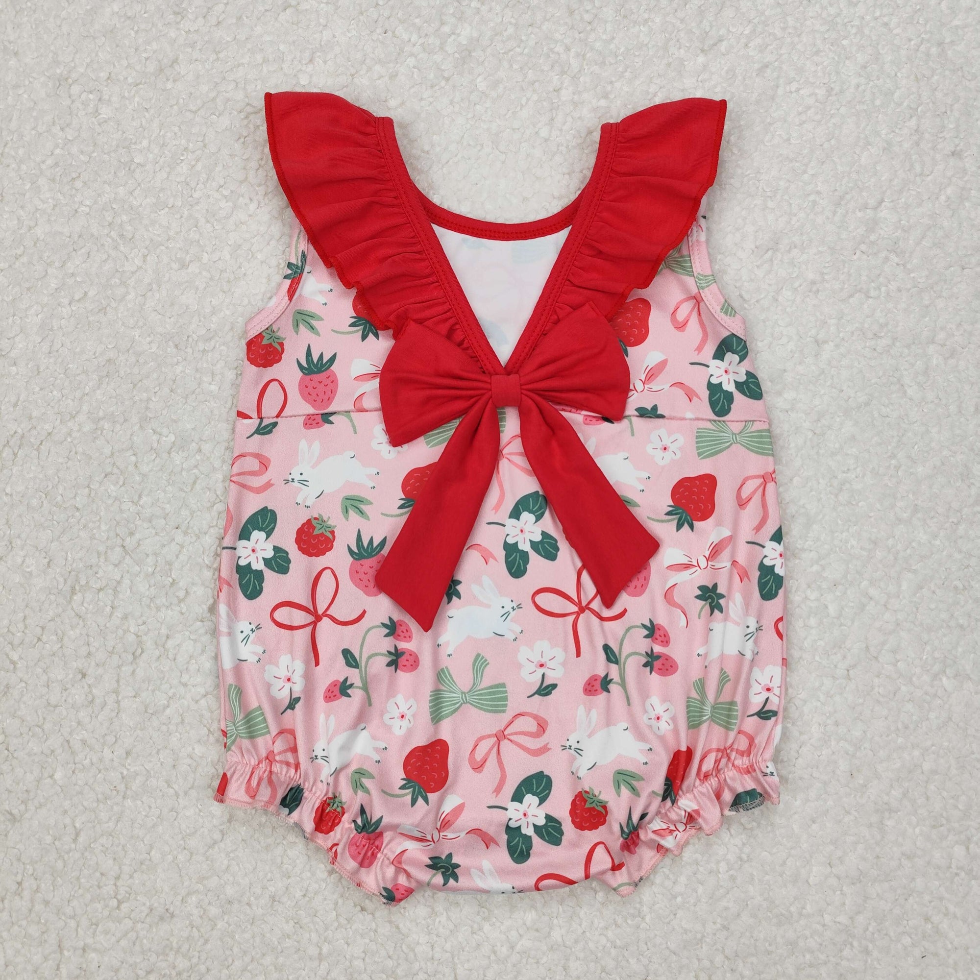 red bow strawberry rabbit print baby girl easter bubble