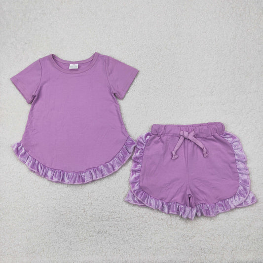 velvet cotton purple ruffle shorts set