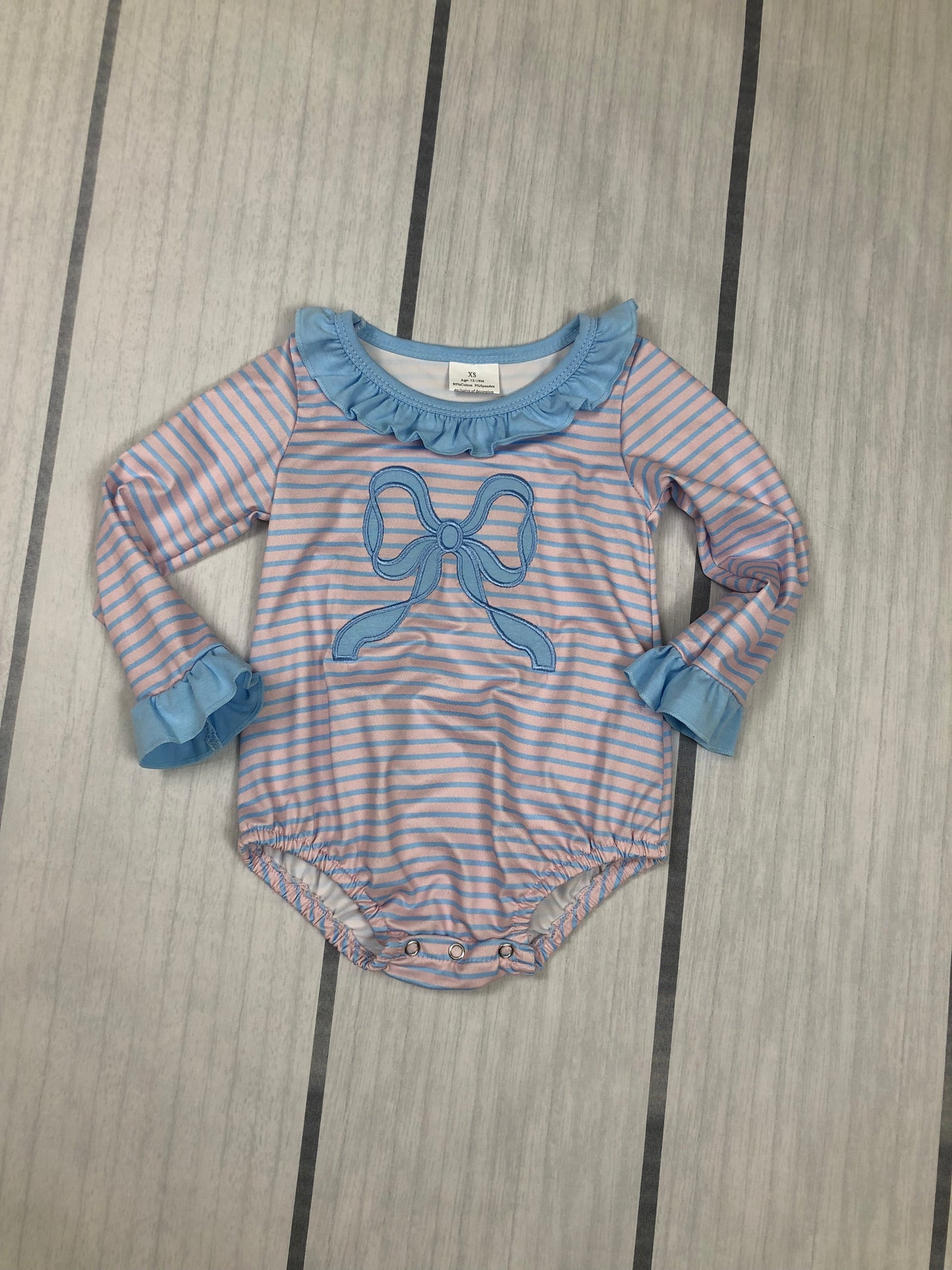 striped blue bow embroidery baby girl bubble