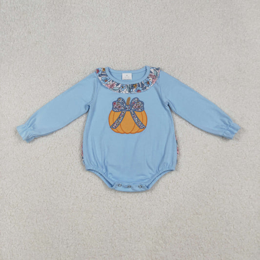 blue embroidery floral fall pumpkin with bow ruffle baby girl bubble