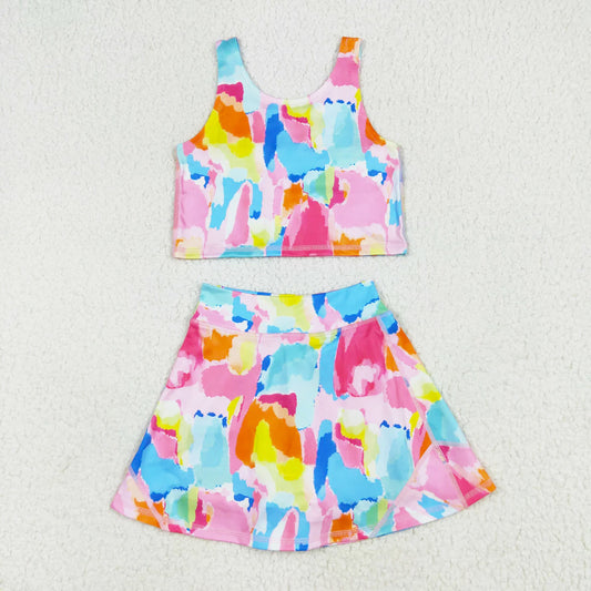 colorful tie dye two pieces athletic skort dress set